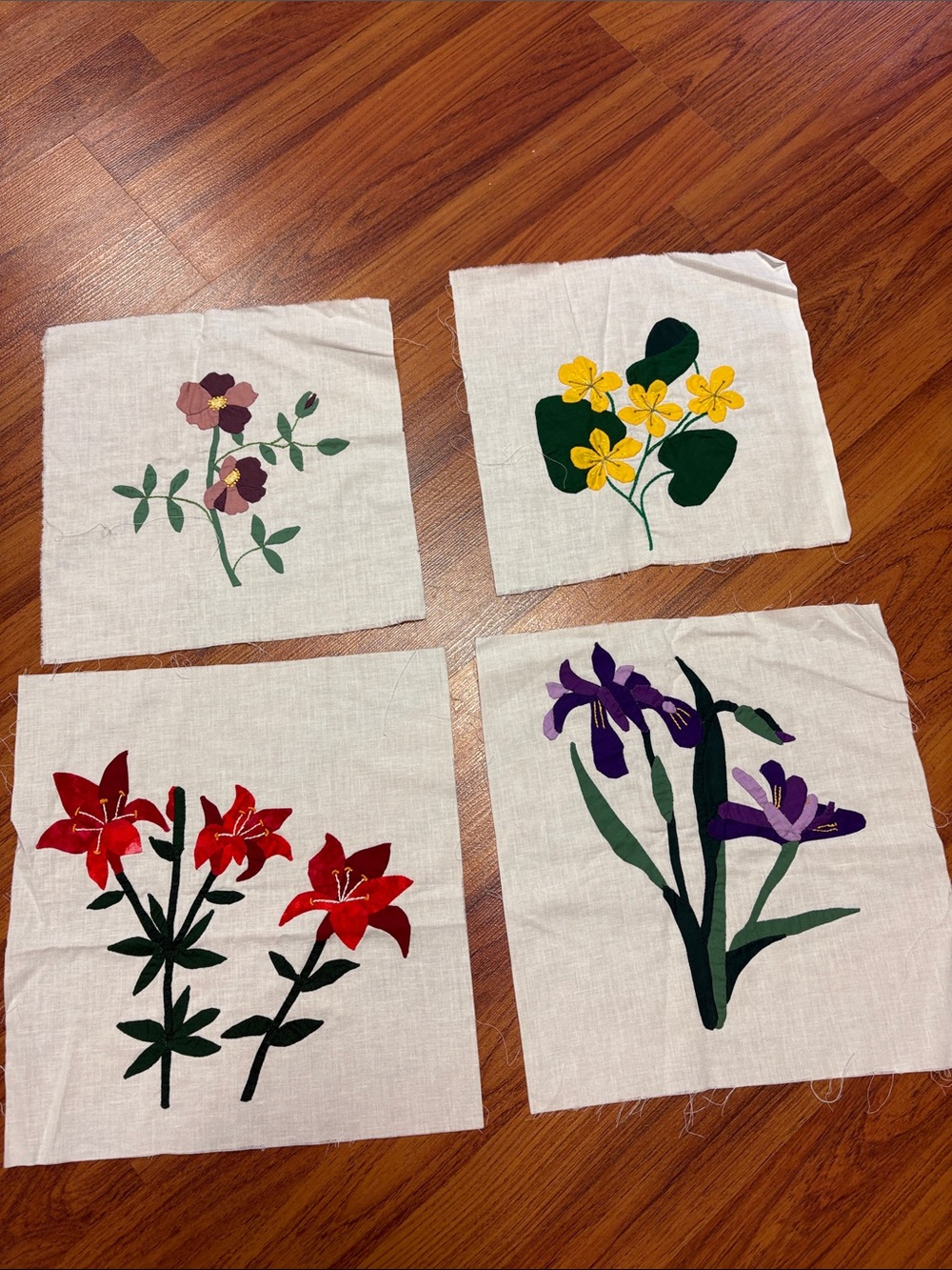 Handmade Floral Appliqué Linen Squares - Red, Purple, Yellow, Pink